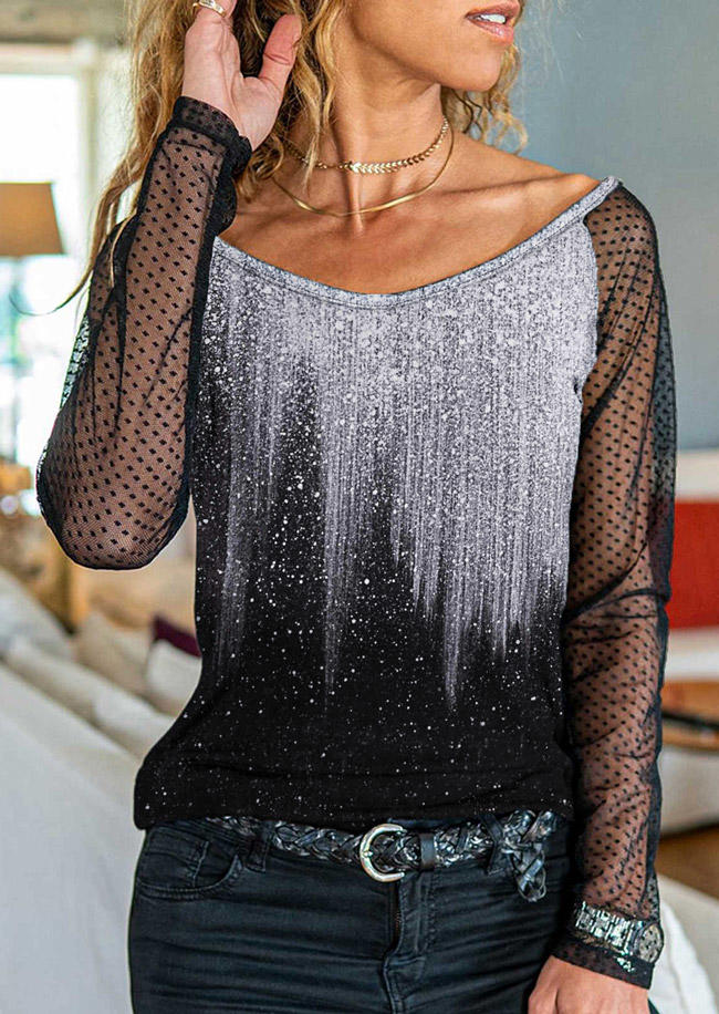 

Mesh Splicing Gradient Long Sleeve Blouse, Multicolor, 527433