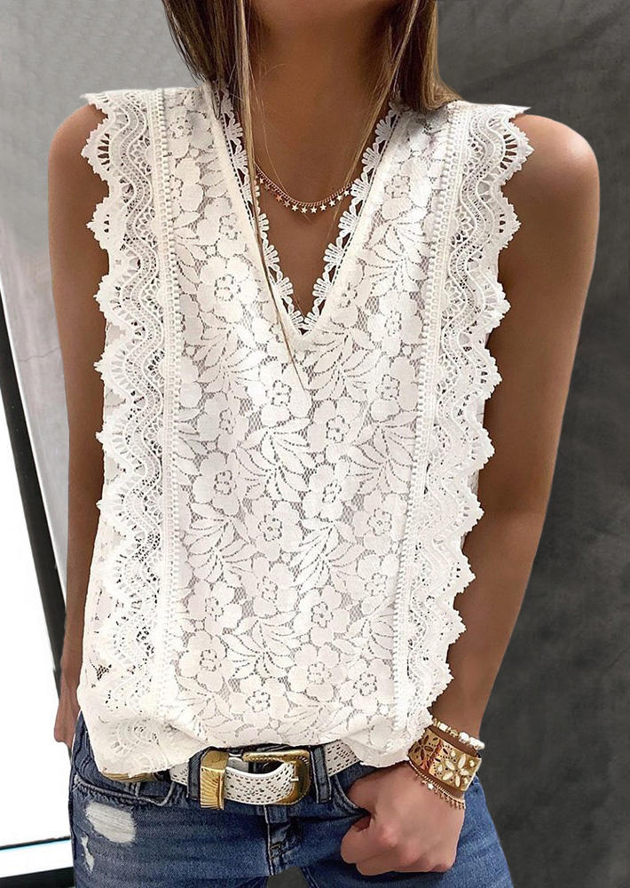 

Lace Splicing V-Neck Tank - White, 527494