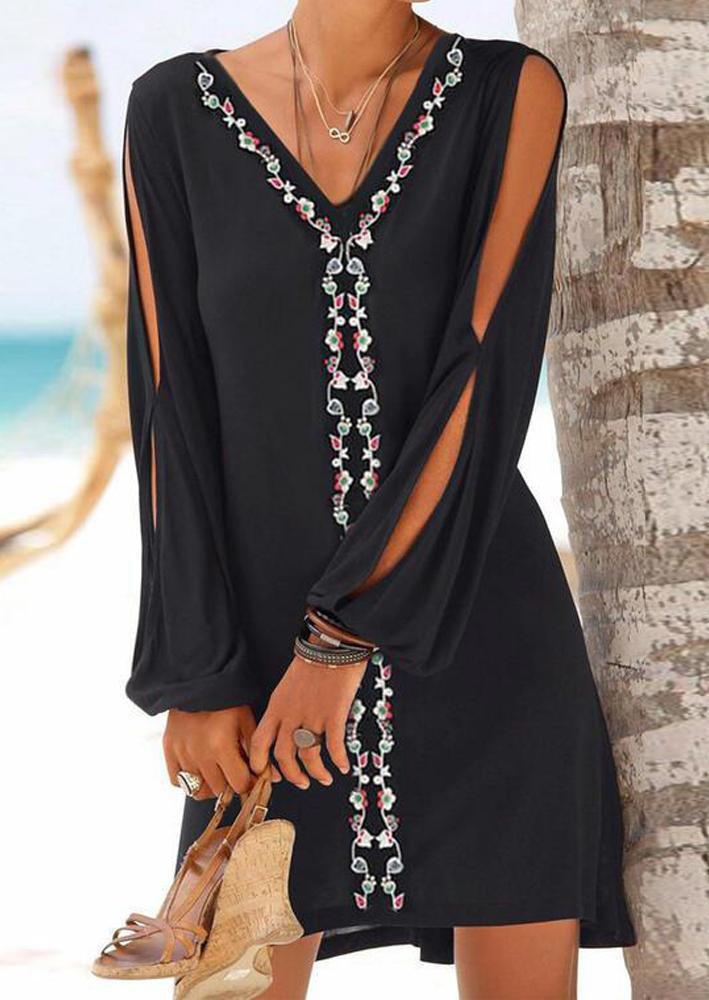 

Floral Hollow Out Long Sleeve Mini Dress - Black, 527627