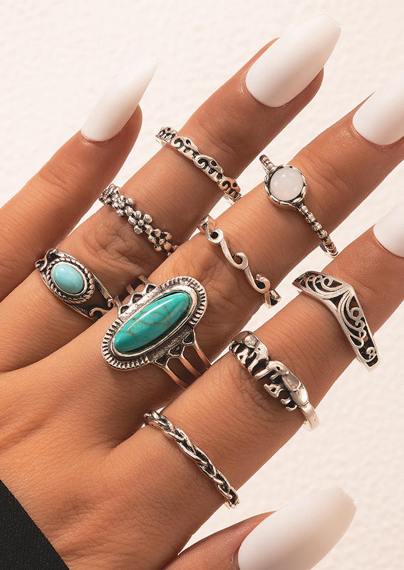 

9Pcs Turquoise Hollow Out Wave Ring Set, Multicolor, 527666