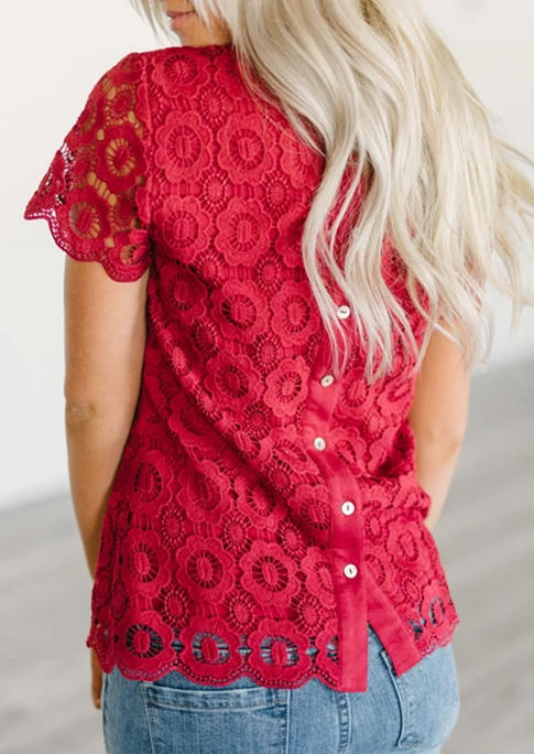 

Lace Floral Button Casual Blouse - Red, 526916