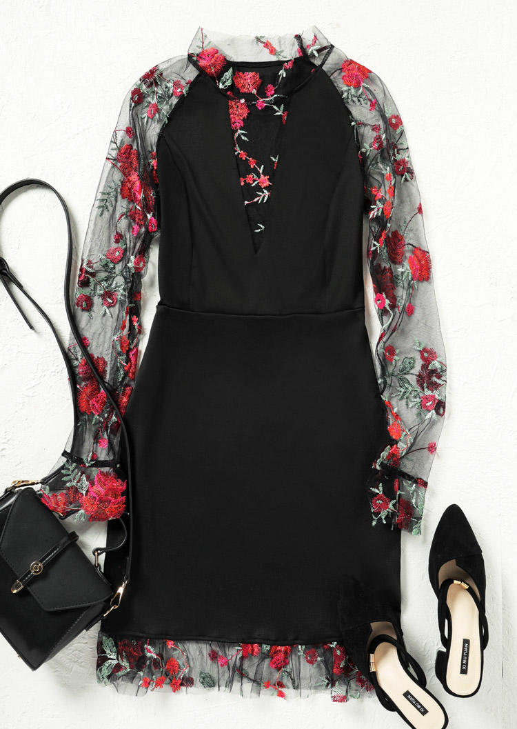 Floral Lace Long Sleeve Bodycon Dress - Black