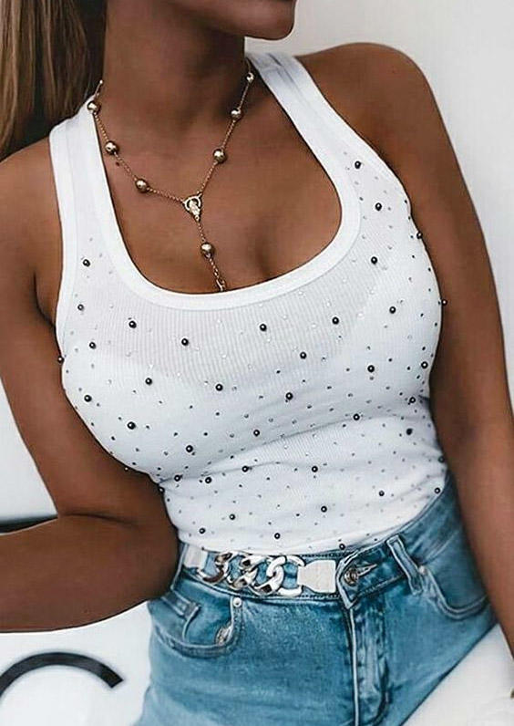 

Beading Sleeveless Casual Tank - White, 527550