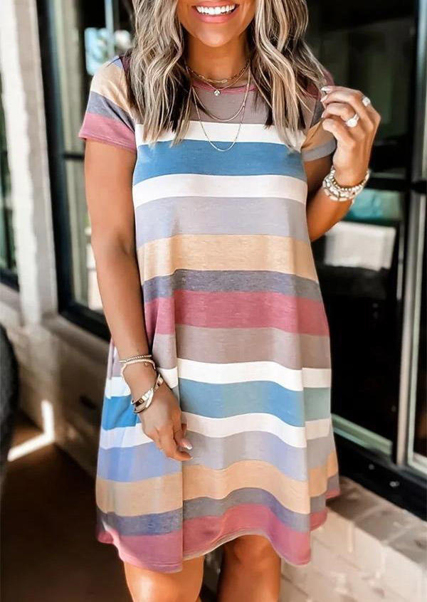 

Colorful Striped Pocket Mini Dress, Multicolor, 527589