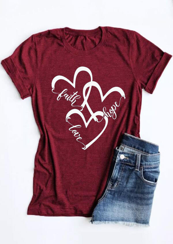 

Faith Love Hope Heart T-Shirt Tee - Burgundy, 527941