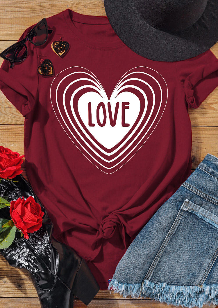 Love Heart T-Shirt Tee - Burgundy