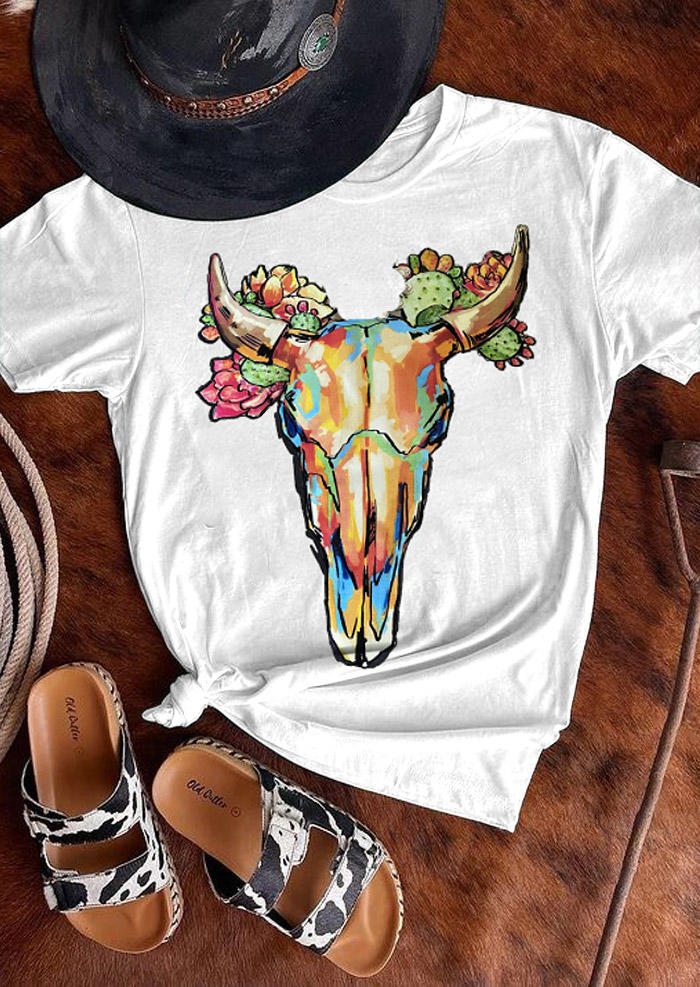 

Steer Skull Cactus T-Shirt Tee - White, 527971