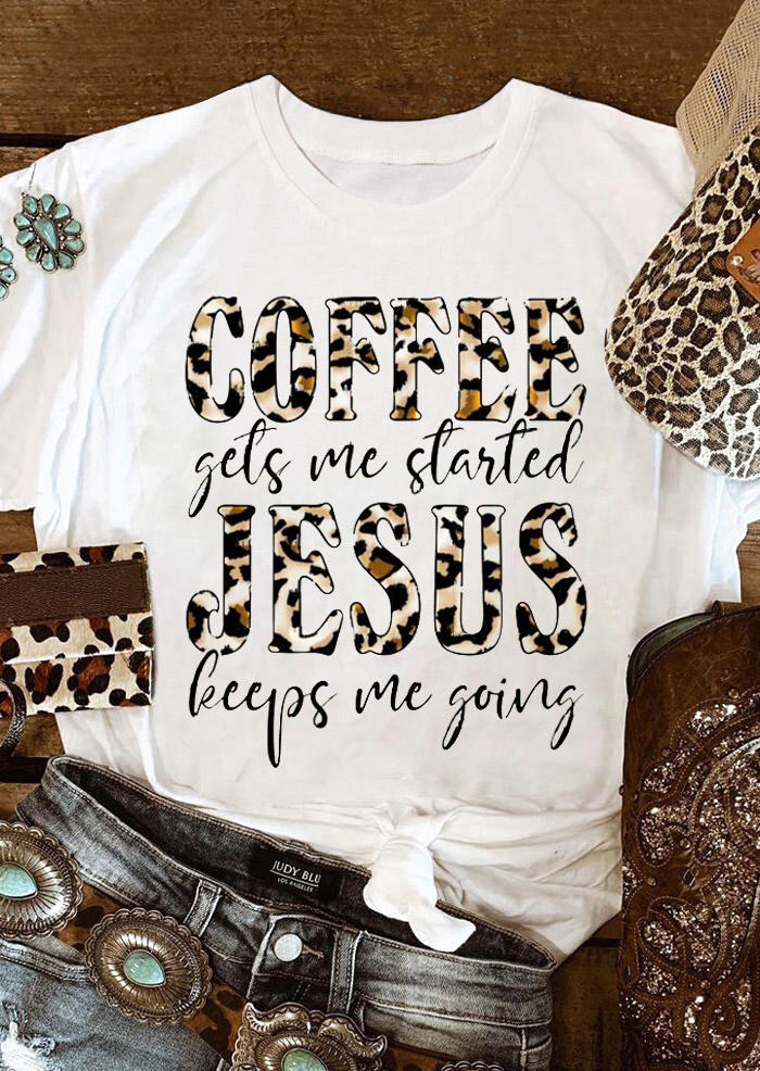 

Coffee Gets Me Started Jesus Leopard T-Shirt Tee - White, 527983