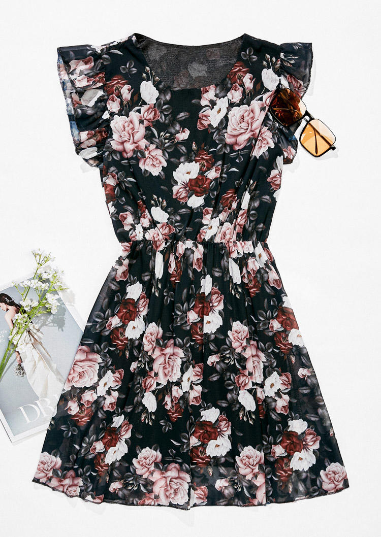 Floral Ruffled O-Neck Mini Dress - Black