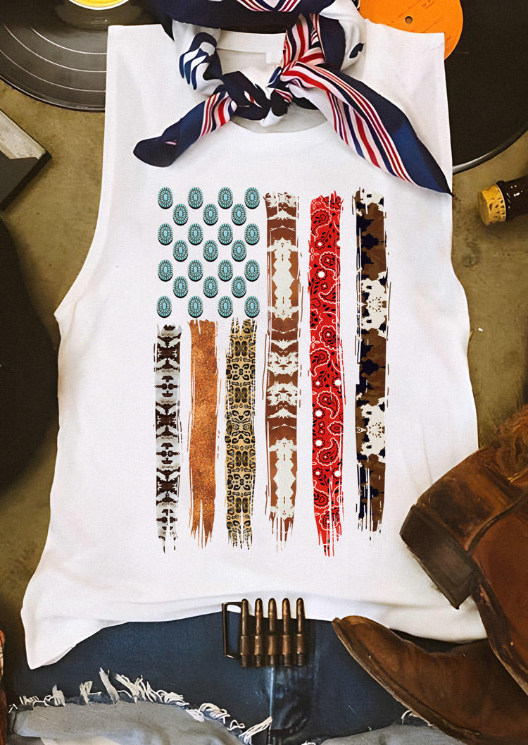 

American Flag Cow Leopard Paisley Turquoise Tank - White, 526668