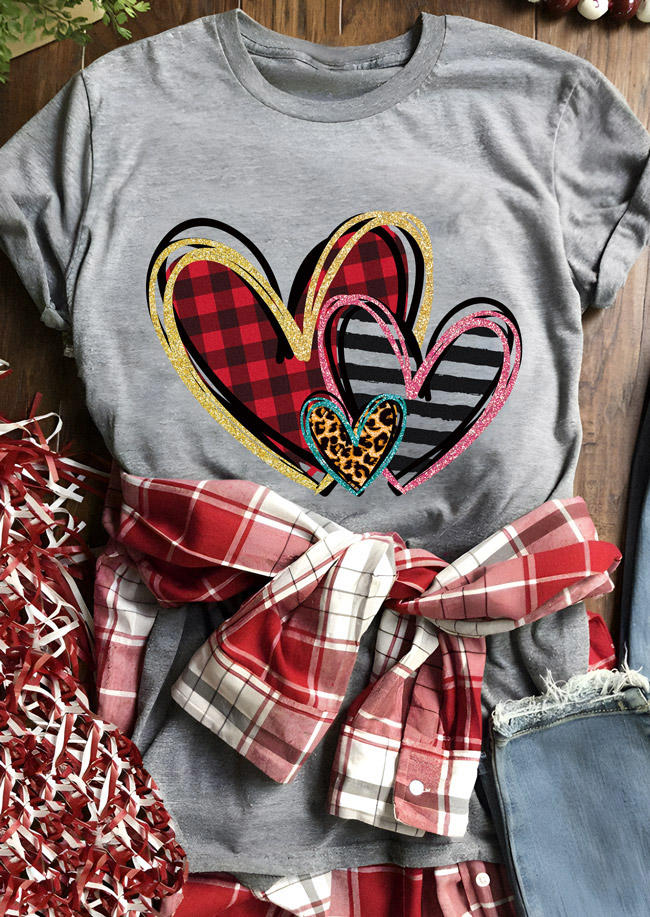 

Striped Plaid Leopard Heart T-Shirt Tee - Gray, 526673