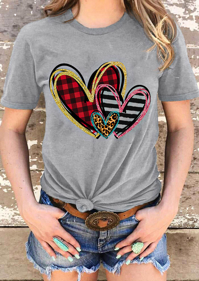 Striped Plaid Leopard Heart T-Shirt Tee - Gray