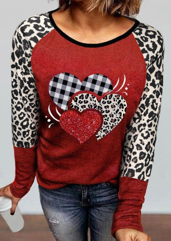 

Leopard Plaid Heart Long Sleeve T-Shirt Tee - Brick Red, 526705