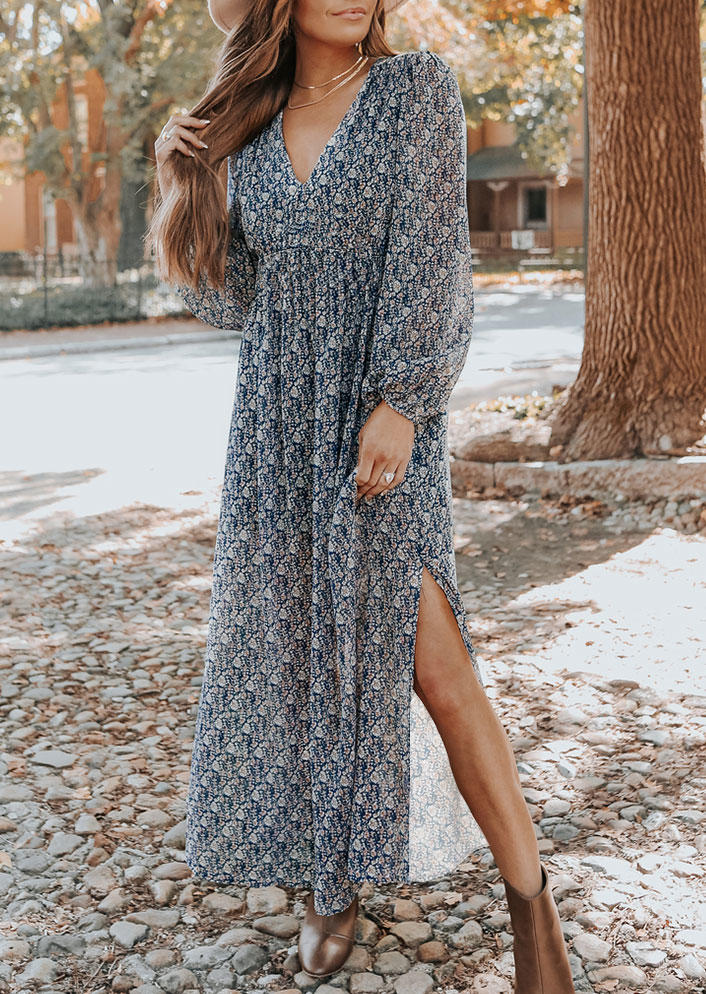 

Slit Long Sleeve Maxi Dress, Multicolor, 526928