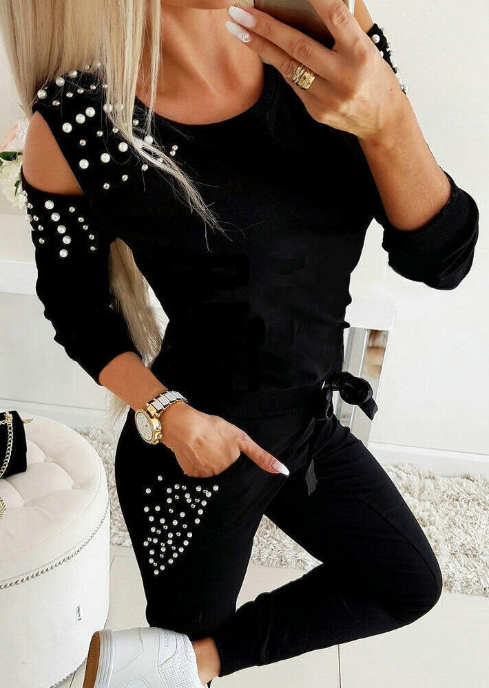 

Beading Cold Shoulder Blouse And Pants Two-Piece Set - Black, 526930