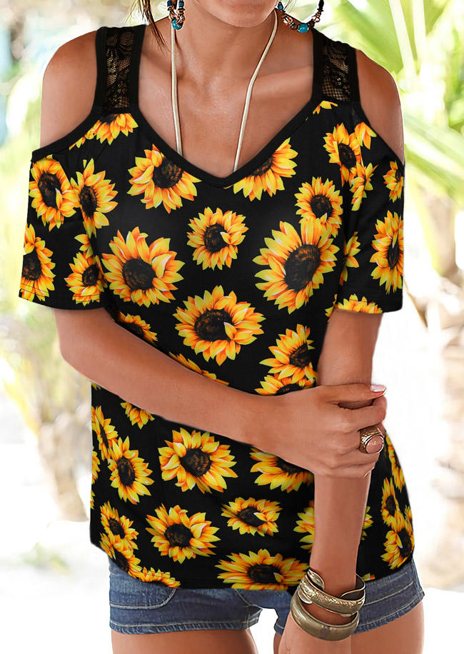 

Lace Splicing Sunflower Cold Shoulder Blouse - Black, 527079