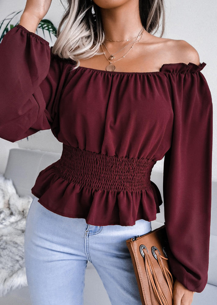 

Off Shoulder Smocked Casual Blouse - Burgundy, 527105
