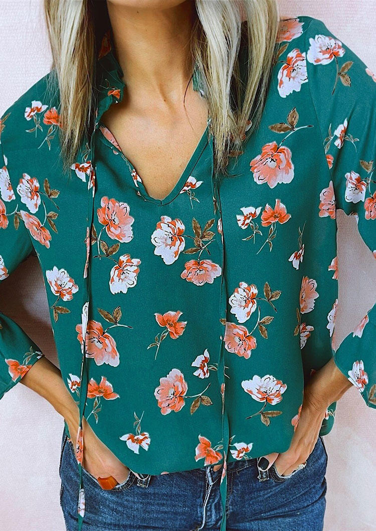 

Floral Long Sleeve Blouse - Cyan, 527124