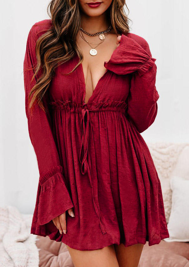 

Ruffled Drawstring V-Neck Mini Dress - Burgundy, Red, 527231