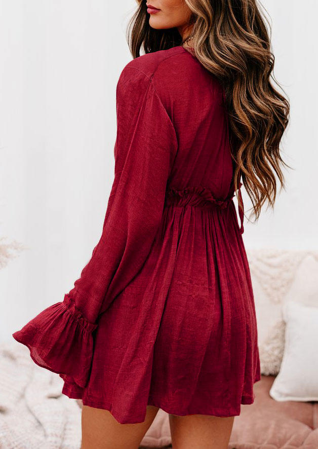 Ruffled Drawstring V-Neck Mini Dress - Burgundy