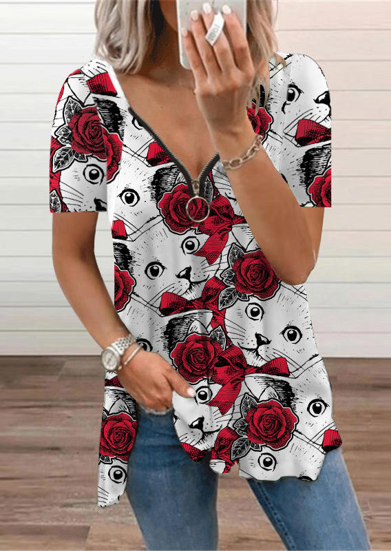 

Zipper Rose Cat Short Sleeve Blouse, Multicolor, 527458
