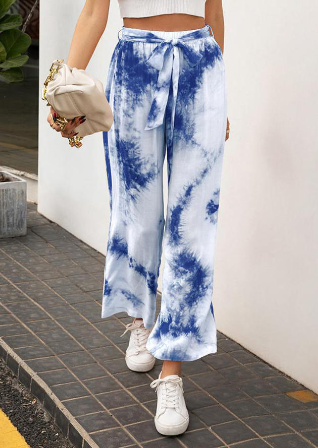 

Tie Dye Wide Leg Pants with Belt - Blue, 527806