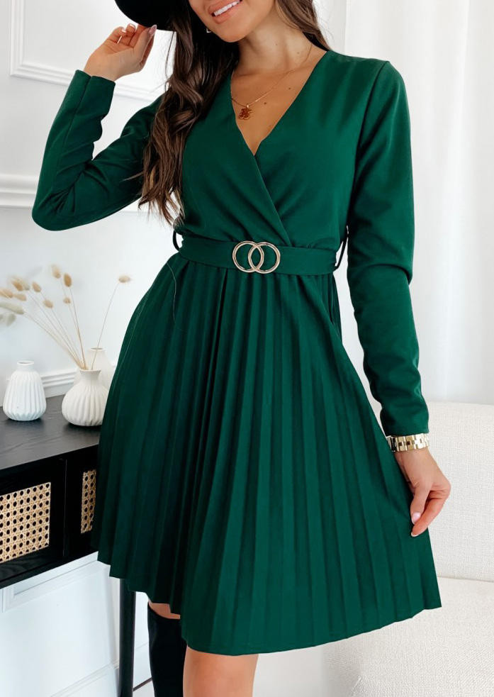 

Pleated Wrap V-Neck Mini Dress - Green, 527895