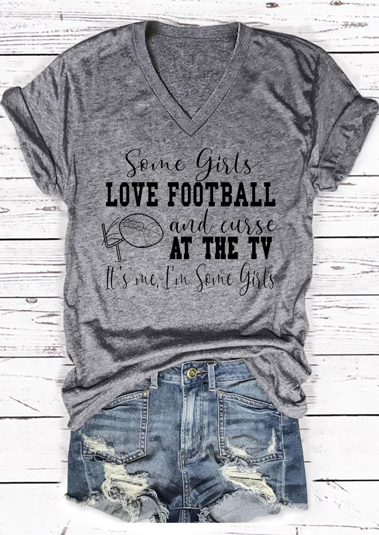 

Some Girls Love Football V-Neck T-Shirt Tee - Gray, 527923