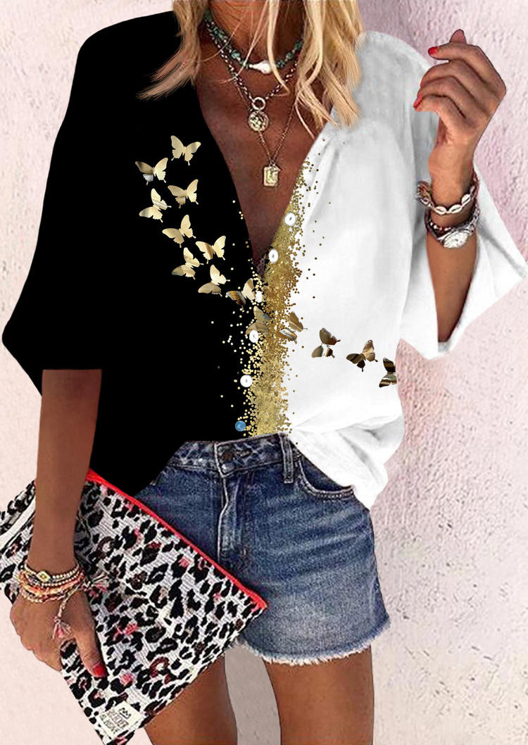 

Butterfly Button Elastic Cuff Shirt - White, 528048