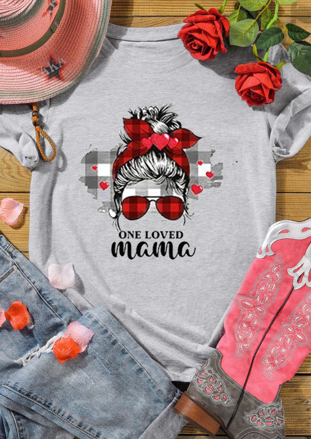 Plaid One Loved Mama T-Shirt Tee - Light Grey