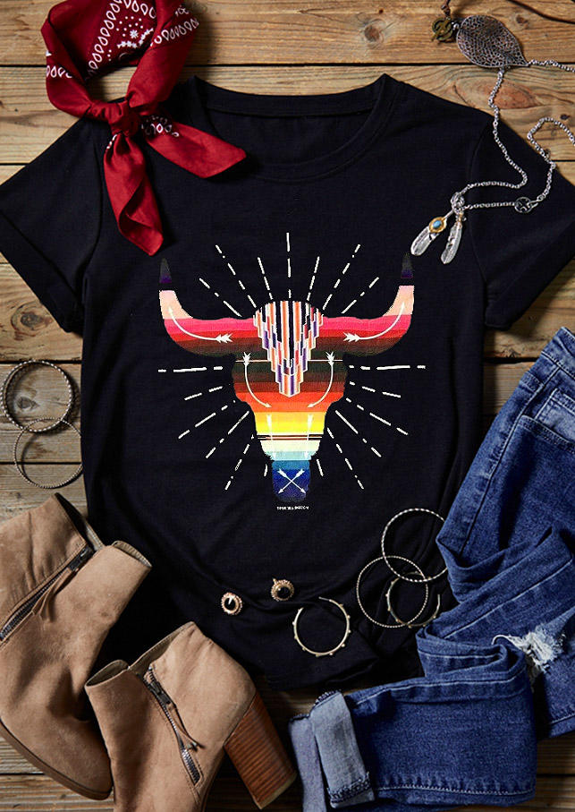 

Colorful Striped Steer Skull T-Shirt Tee - Black, 528093