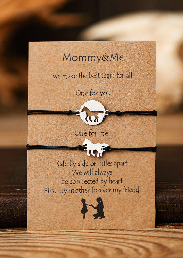 

2Pcs Mommy & Me Horse Adjustable Braided Bracelet, Black, 527193