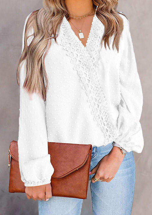 

Lace Dotted Swiss Wrap Blouse - White, 527455