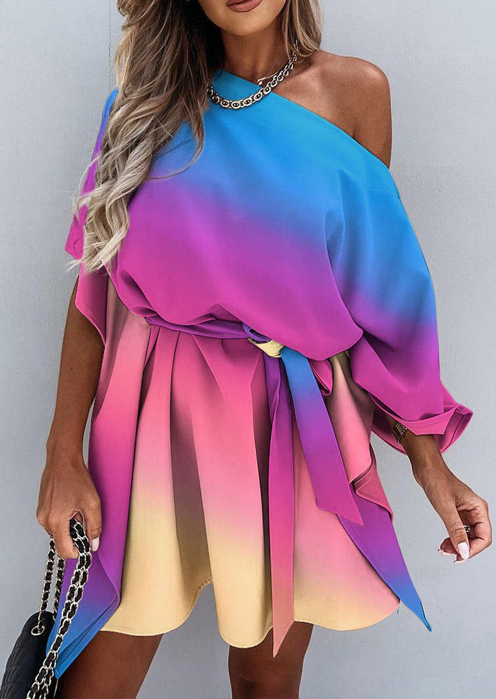 

Gradient Asymmetric Mini Dress with Belt, Multicolor, 527720
