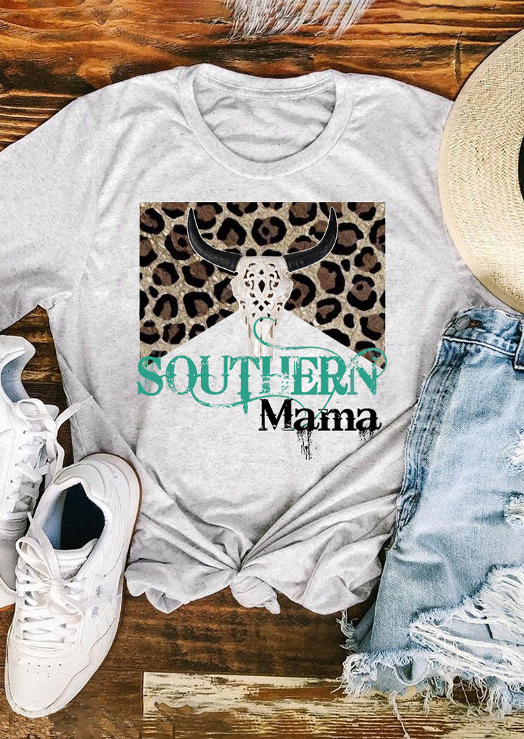 

Leopard Steer Skull Southern Mama T-Shirt Tee - Light Grey, 528027