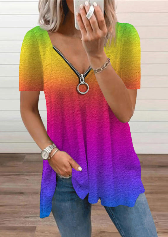 

Colorful Gradient Zipper Short Sleeve Blouse, Multicolor, 528028