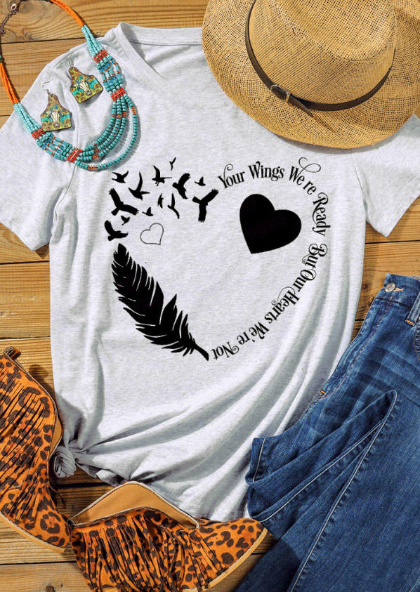 

Heart Feather T-Shirt Tee - Light Grey, 528046
