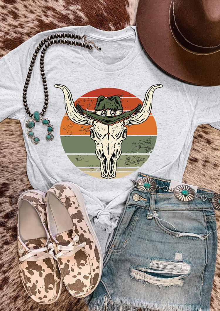

Colorful Striped Steer Skull T-Shirt Tee - Light Grey, 528052