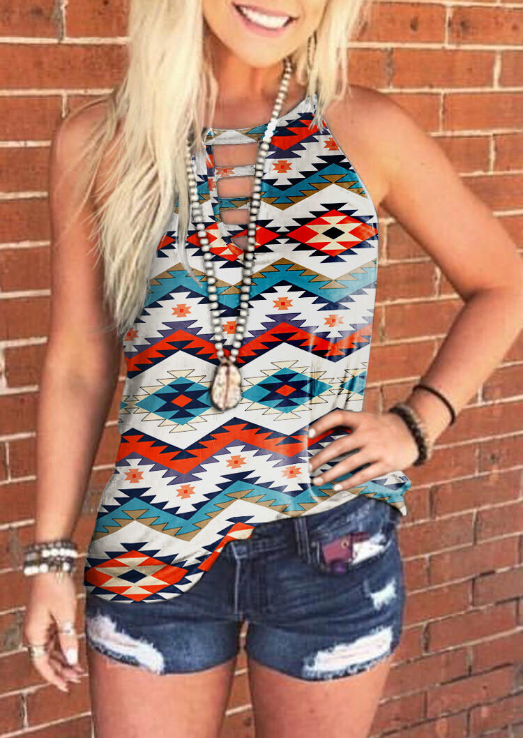 

Aztec Geometric Keyhole Neck Tank, Multicolor, SCM000150