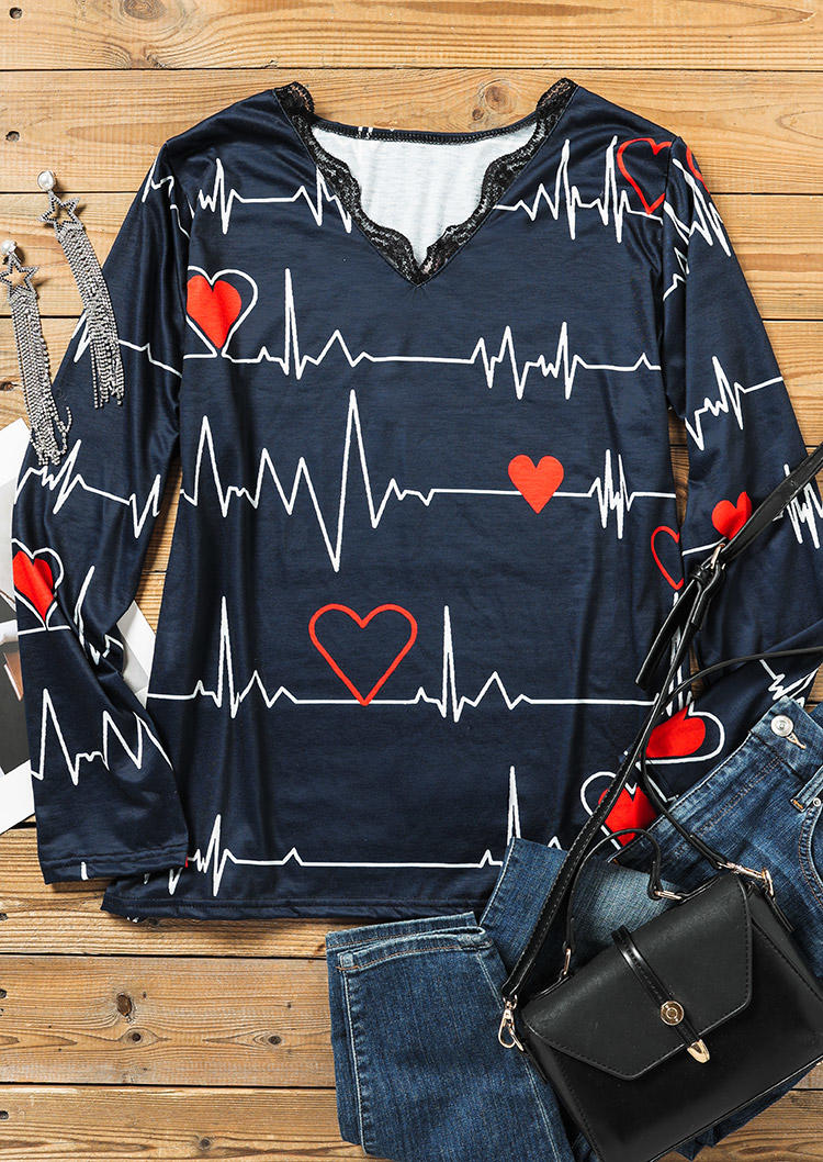 Valentine ECG Heartbeat Lace Blouse - 	Navy Blue