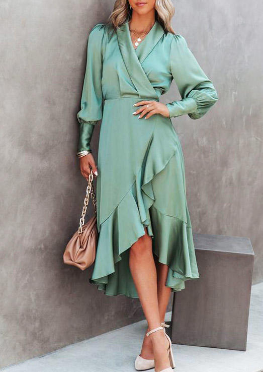 

Ruffled Slit Wrap V-Neck Midi Dress - Green, 527528