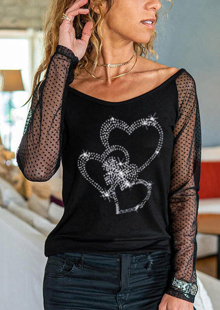 

Valentine Rhinestone Heart Mesh Blouse - Black, 527569