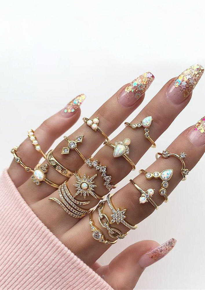 

17Pcs Bohemian Rhinestone Alloy Ring Set, Gold, 527886