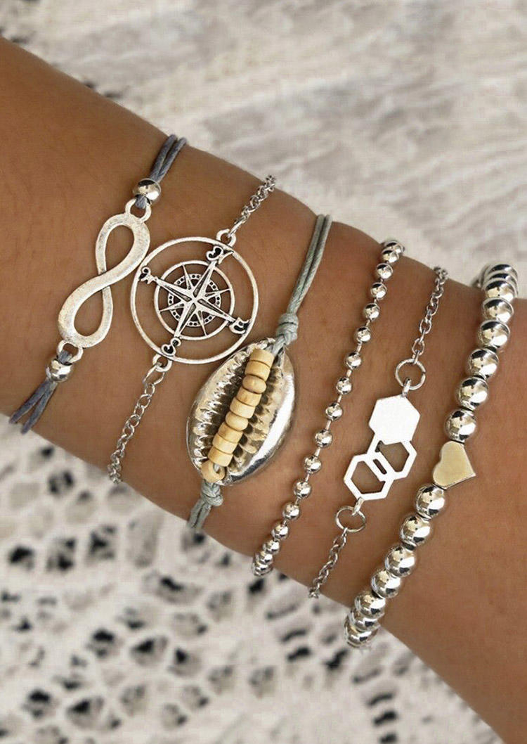 

6Pcs Compass Infinite Heart Beading Bracelet Set, Silver, 527922