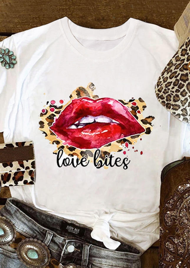

Love Bites Lips Leopard T-Shirt Tee - White, 528082