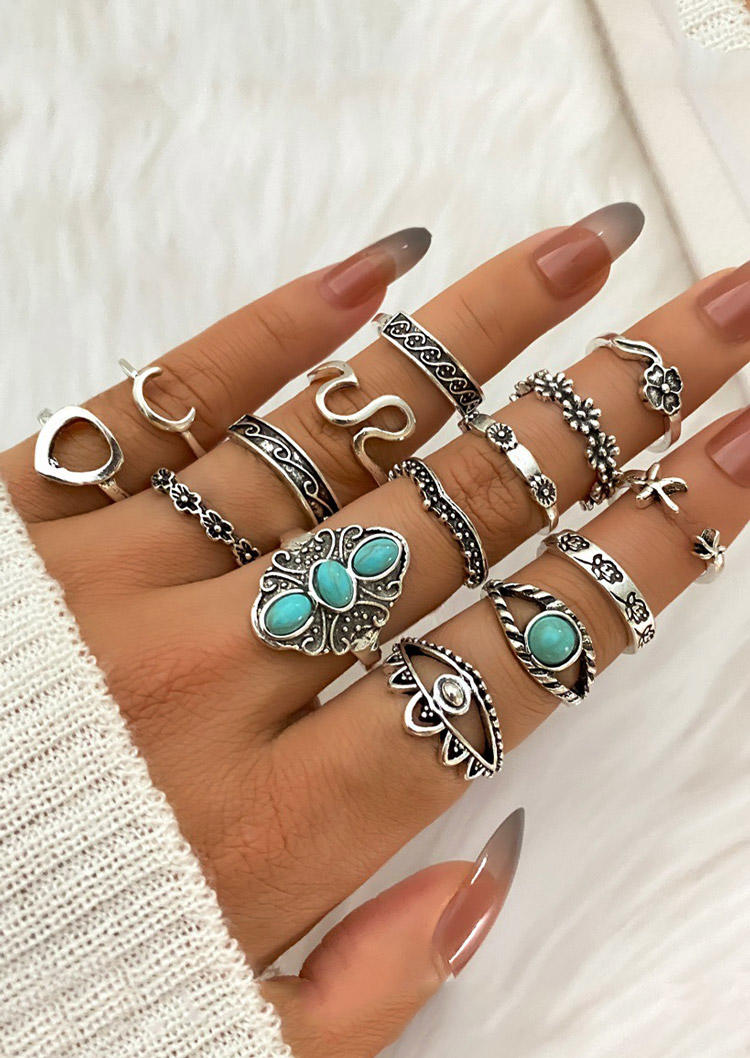 

15Pcs Turquoise Hollow Out Floral Ring Set, Silver, 528231