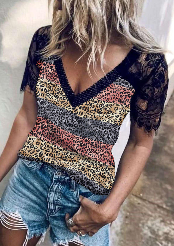 

Lace Splicing Leopard Striped Blouse, Multicolor, 528252