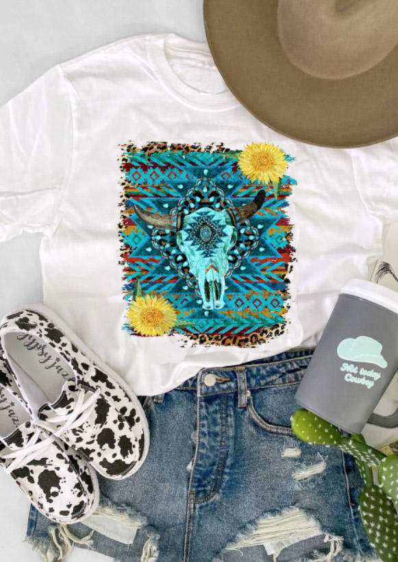 

Aztec Geometric Steer Skull Leopard T-Shirt Tee - White, 528357