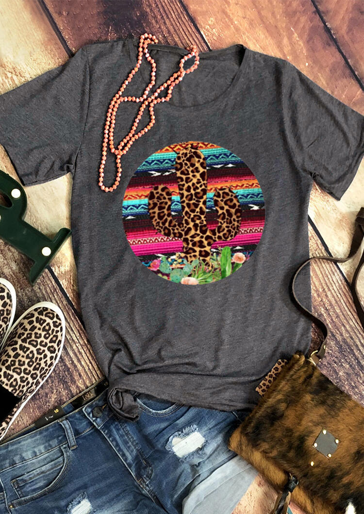 

Serape Striped Leopard Cactus T-Shirt Tee - Dark Grey, 528382