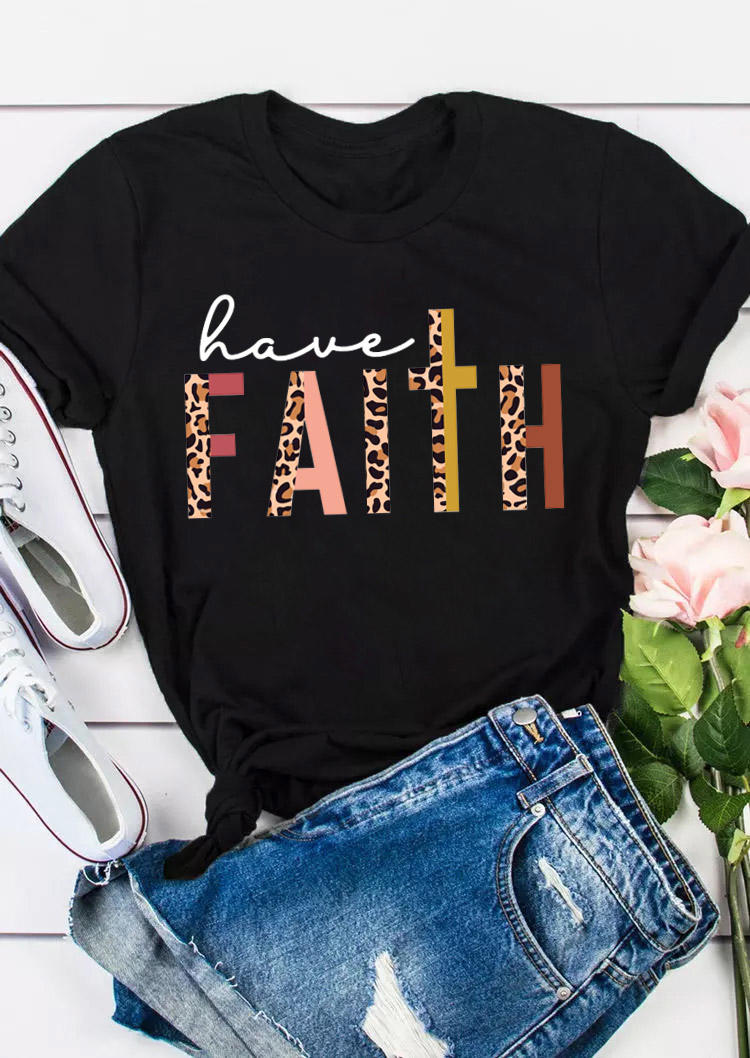 

Have Faith Leopard Cross T-Shirt Tee - Black, 528394